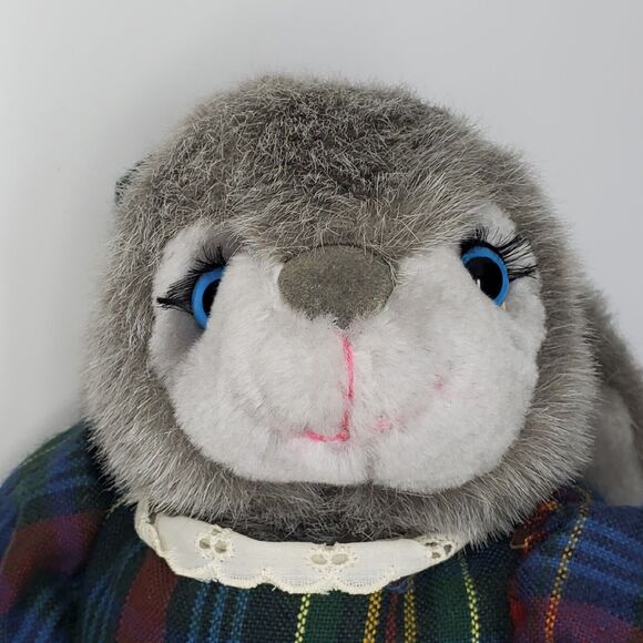 Russ Bunny Plush Beverly Gray Rabbit Plaid Dress Bow Stuffed Animal Toy 13" - Picture 5 of 9